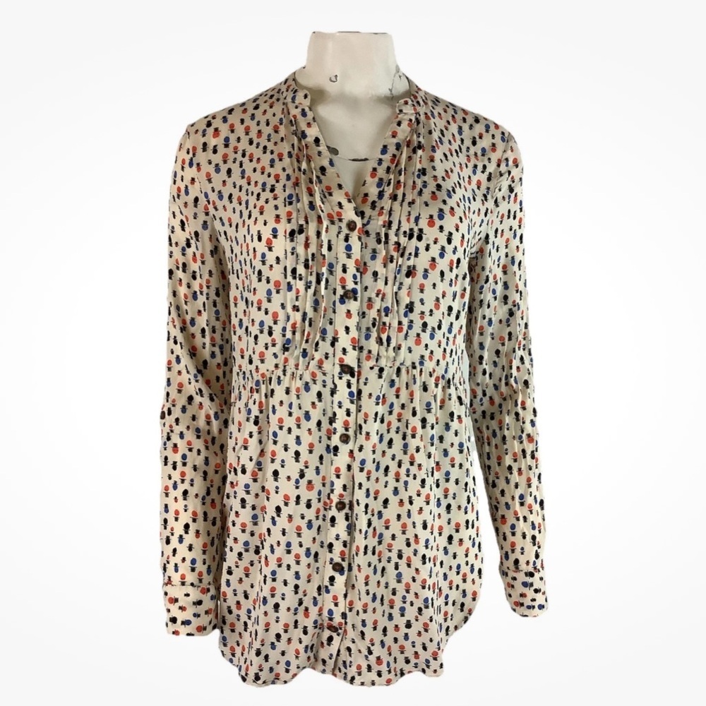 Anthropologie Sz 6 Christmas Bulb Print Long Sleeve Button Top Multicolor
